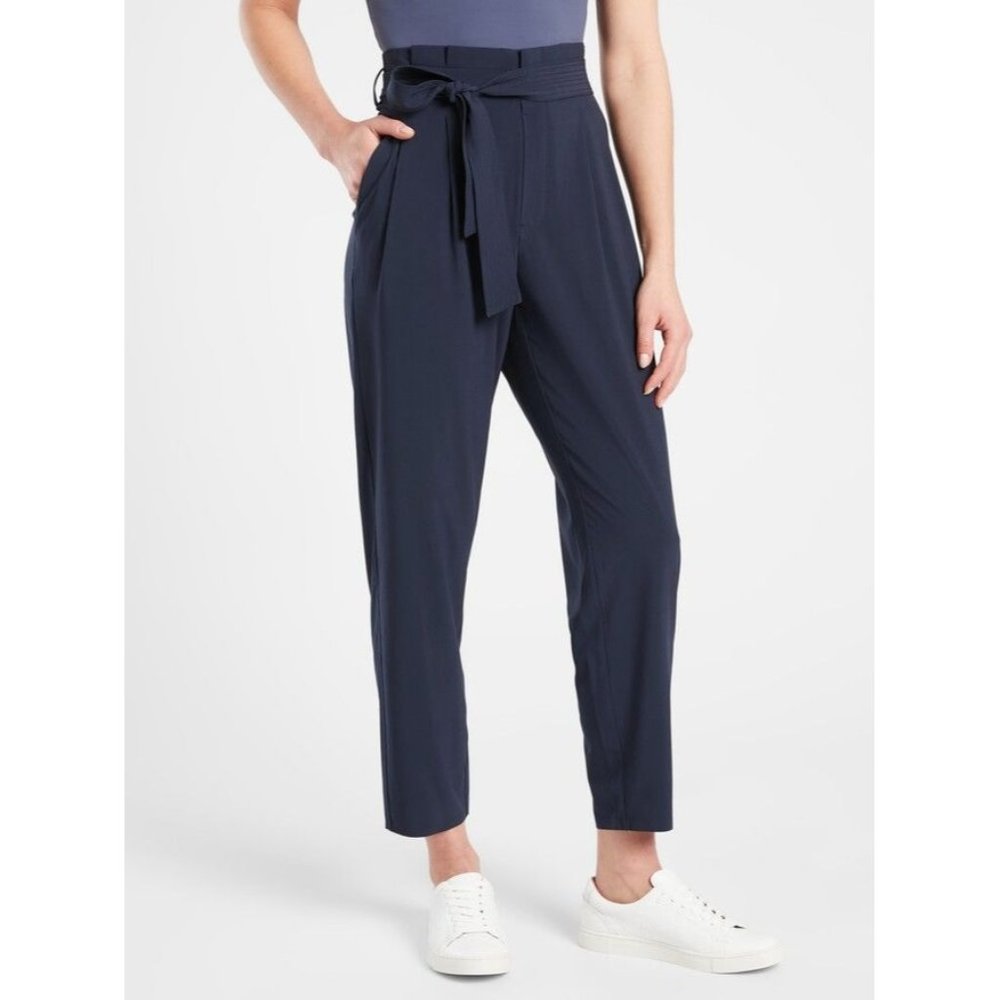 Athleta Womens Skyline Pant II Sz 18 Navy Blue Belted Paperbag Waist High Rise